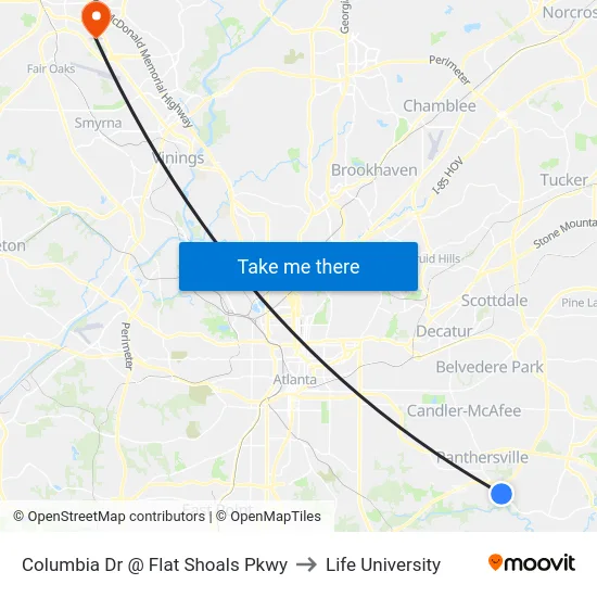 Columbia Dr @ Flat Shoals Pkwy to Life University map