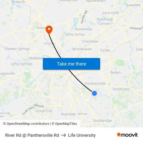 River Rd @ Panthersville Rd to Life University map