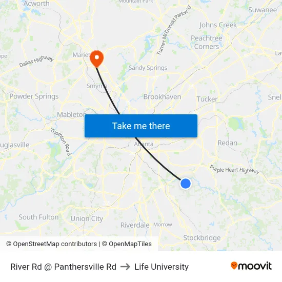 River Rd @ Panthersville Rd to Life University map