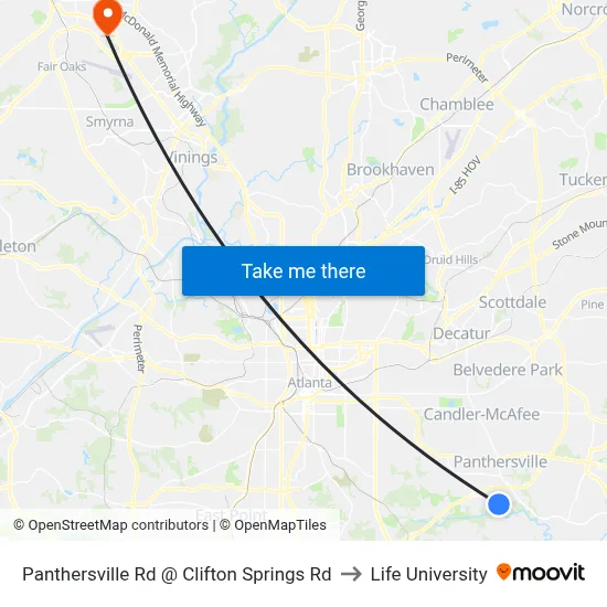 Panthersville Rd @ Clifton Springs Rd to Life University map