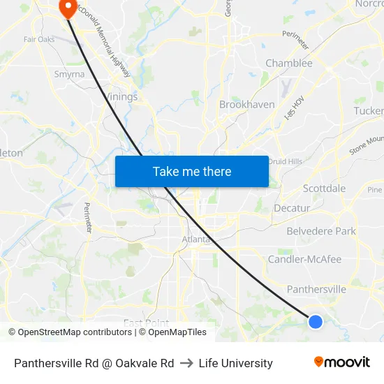 Panthersville Rd @ Oakvale Rd to Life University map