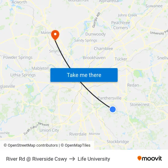 River Rd @ Riverside Cswy to Life University map