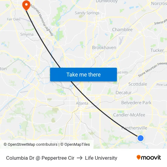 Columbia Dr @ Peppertree Cir to Life University map