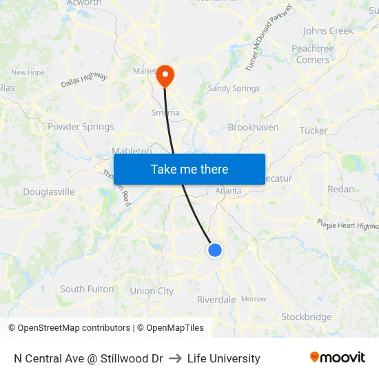 N Central Ave @ Stillwood Dr to Life University map