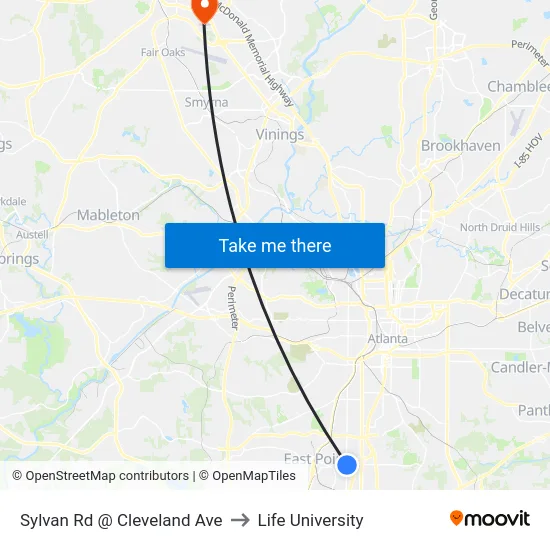 Sylvan Rd @ Cleveland Ave to Life University map