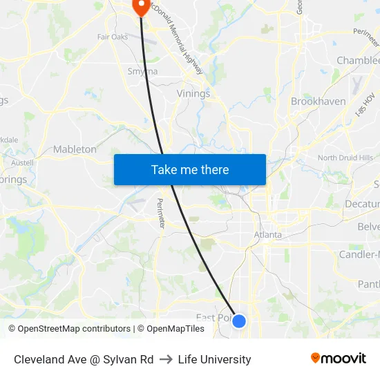 Cleveland Ave @ Sylvan Rd to Life University map