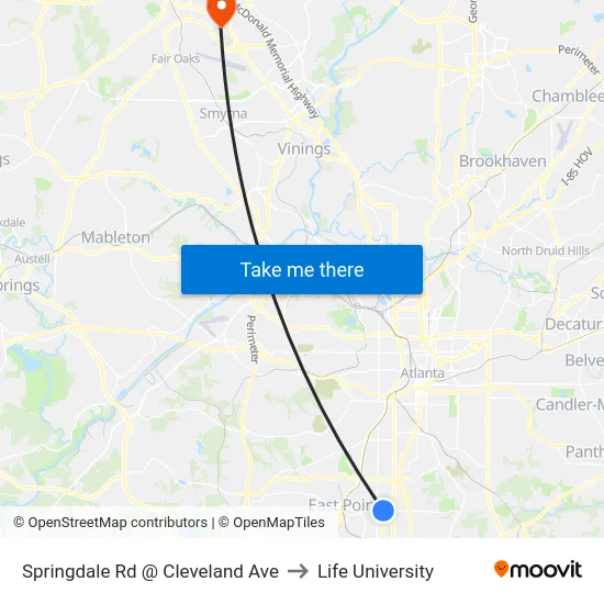 Springdale Rd @ Cleveland Ave to Life University map