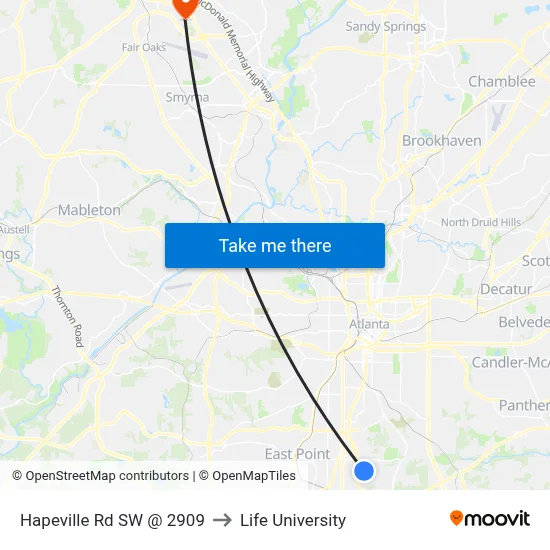 Hapeville Rd SW @ 2909 to Life University map