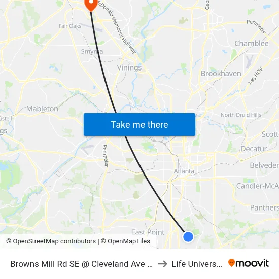Browns Mill Rd SE @ Cleveland Ave SE to Life University map