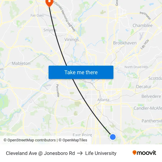 Cleveland Ave @ Jonesboro Rd to Life University map