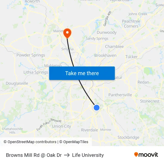Browns Mill Rd @ Oak Dr to Life University map