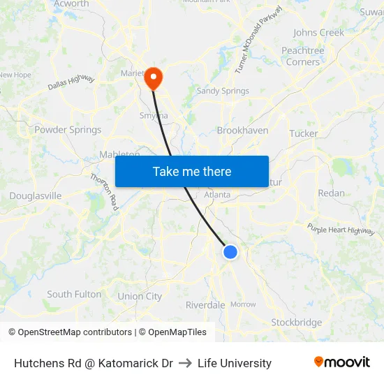 Hutchens Rd @ Katomarick Dr to Life University map