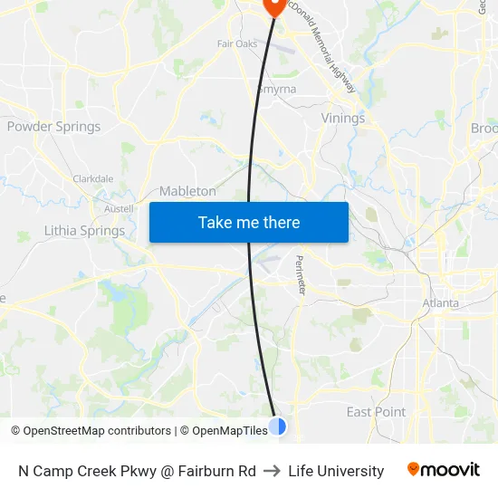 N Camp Creek Pkwy @ Fairburn Rd to Life University map