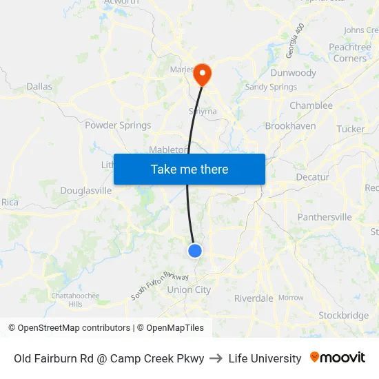 Old Fairburn Rd @ Camp Creek Pkwy to Life University map