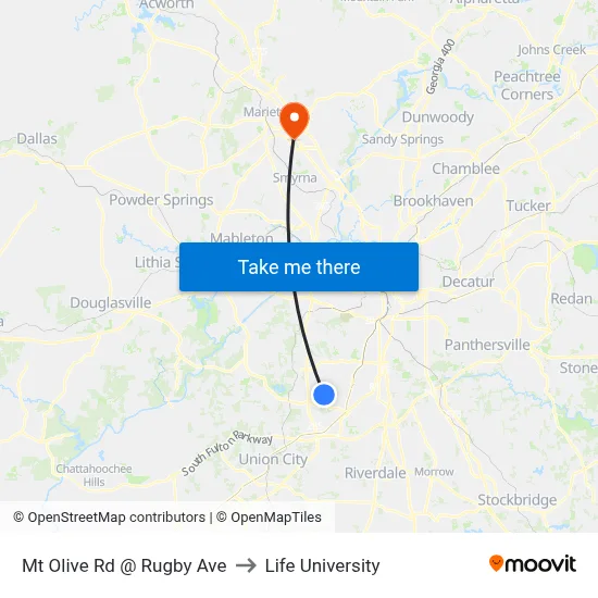 Mt Olive Rd @ Rugby Ave to Life University map