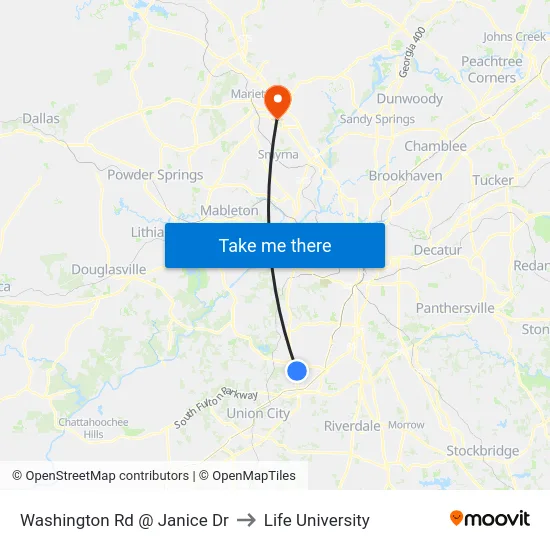 Washington Rd @ Janice Dr to Life University map