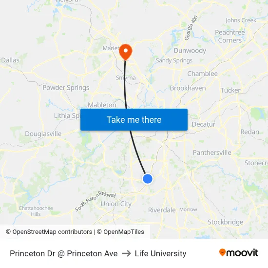 Princeton Dr @ Princeton Ave to Life University map