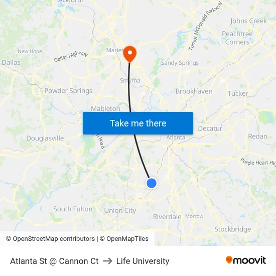 Atlanta St @ Cannon Ct to Life University map