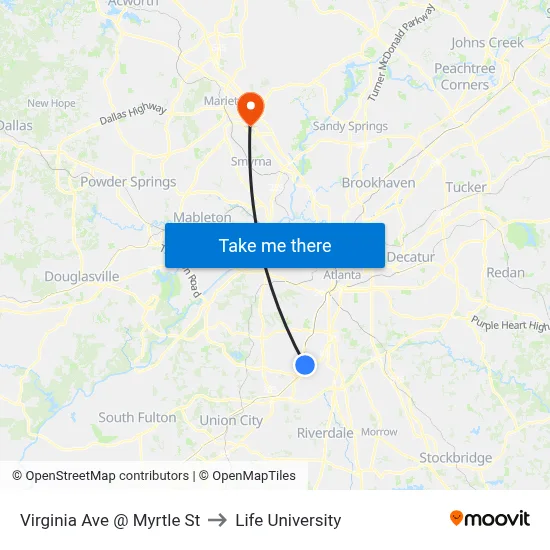 Virginia Ave @ Myrtle St to Life University map