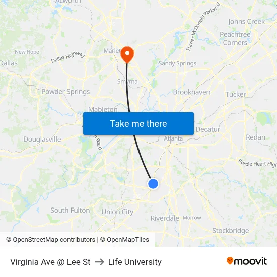 Virginia Ave @ Lee St to Life University map