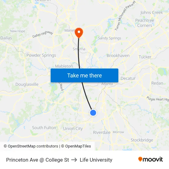 Princeton Ave @ College St to Life University map