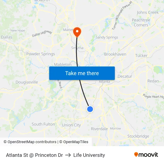 Atlanta St @ Princeton Dr to Life University map