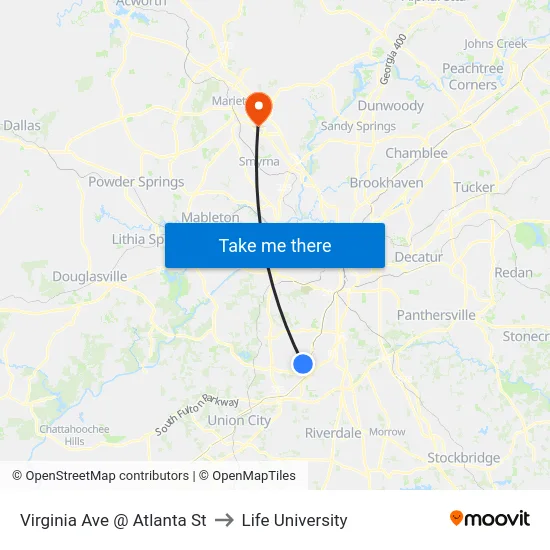 Virginia Ave @ Atlanta St to Life University map