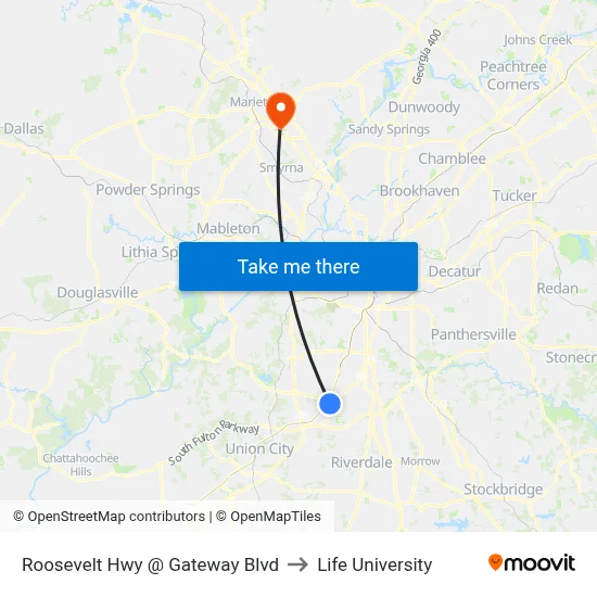Roosevelt Hwy @ Gateway Blvd to Life University map