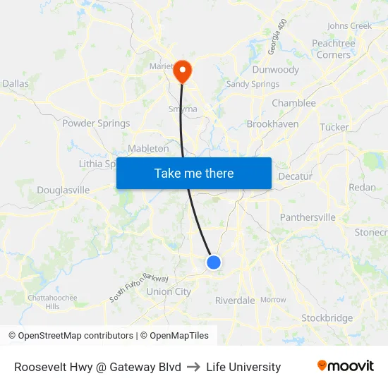 Roosevelt Hwy @ Gateway Blvd to Life University map