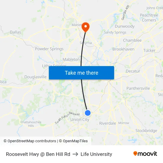 Roosevelt Hwy @ Ben Hill Rd to Life University map