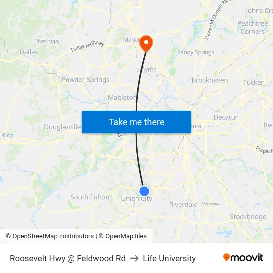 Roosevelt Hwy @ Feldwood Rd to Life University map