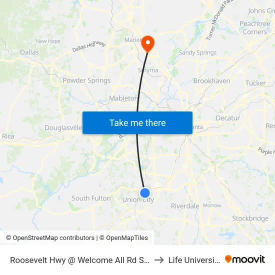 Roosevelt Hwy @ Welcome All Rd SW to Life University map