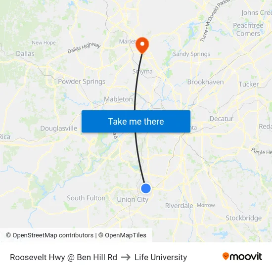 Roosevelt Hwy @ Ben Hill Rd to Life University map