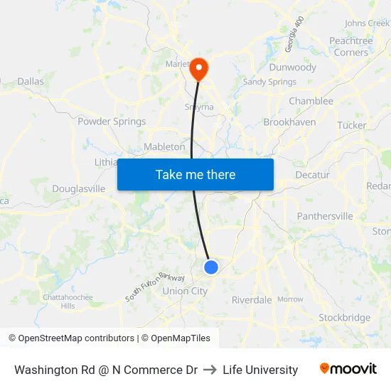 Washington Rd @ N Commerce Dr to Life University map