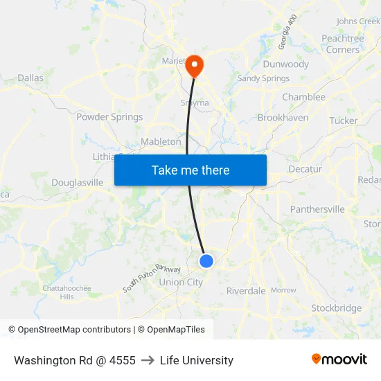 Washington Rd @ 4555 to Life University map