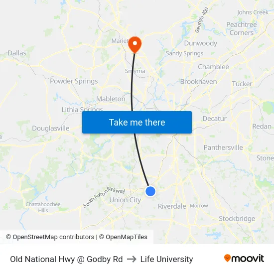 Old National Hwy @ Godby Rd to Life University map