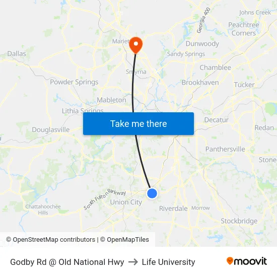 Godby Rd @ Old National Hwy to Life University map