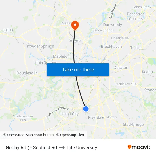 Godby Rd @ Scofield Rd to Life University map