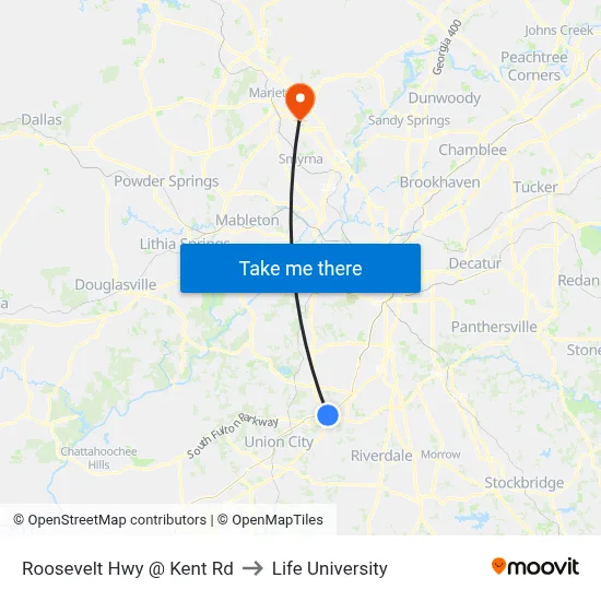 Roosevelt Hwy @ Kent Rd to Life University map