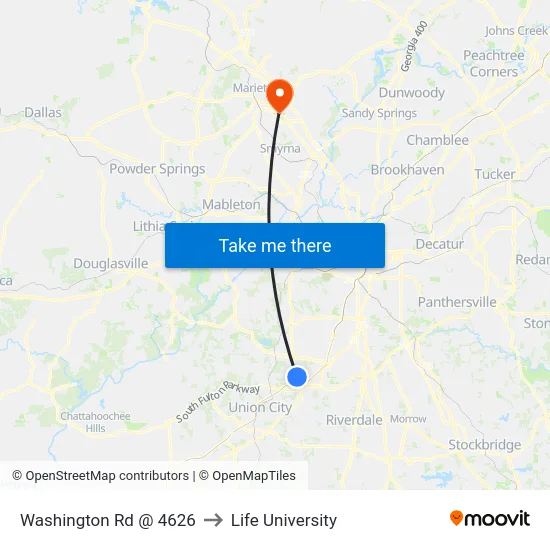 Washington Rd @ 4626 to Life University map