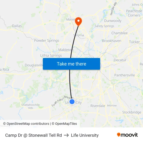 Camp Dr @ Stonewall Tell Rd to Life University map