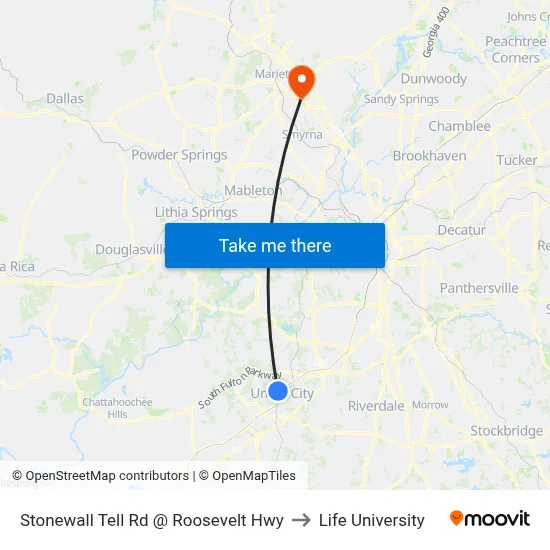 Stonewall Tell Rd @ Roosevelt Hwy to Life University map
