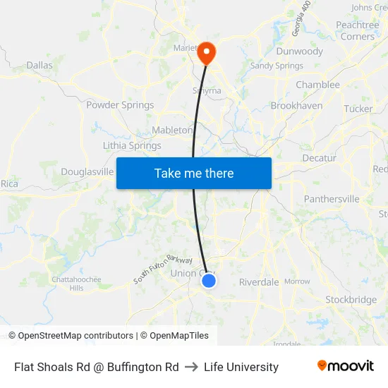 Flat Shoals Rd @ Buffington Rd to Life University map