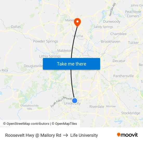 Roosevelt Hwy @ Mallory Rd to Life University map