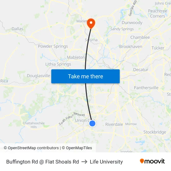 Buffington Rd @ Flat Shoals Rd to Life University map