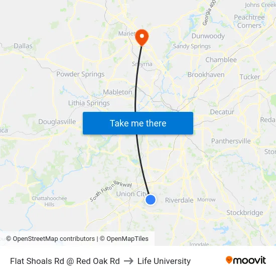 Flat Shoals Rd @ Red Oak Rd to Life University map