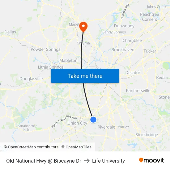 Old National Hwy @ Biscayne Dr to Life University map