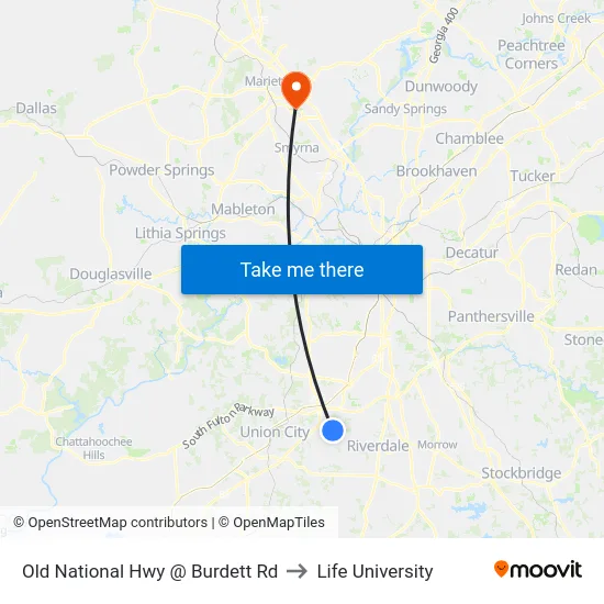 Old National Hwy @ Burdett Rd to Life University map