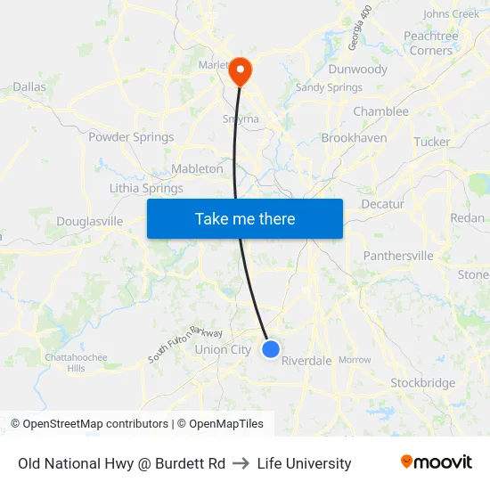 Old National Hwy @ Burdett Rd to Life University map