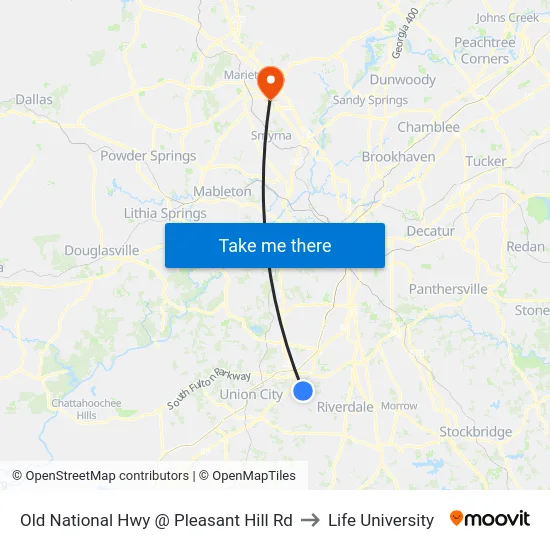 Old National Hwy @ Pleasant Hill Rd to Life University map